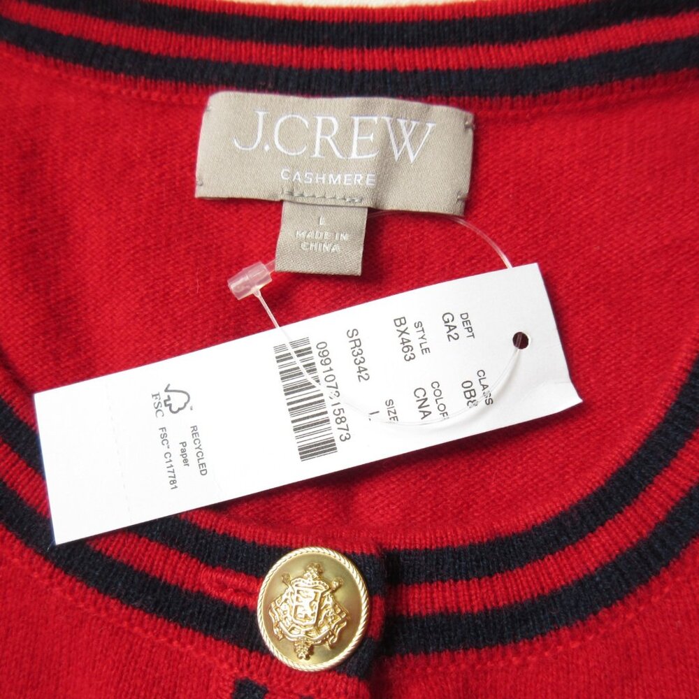 NWT J.Crew Cashmere Sweater Lady Jacket in Cardinal Red Navy Contrast Trim L - Picture 6 of 7